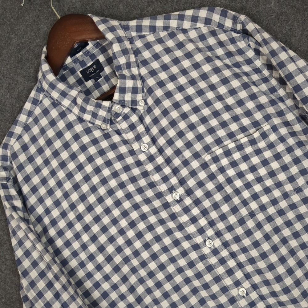 J.Crew Mens XL Slim Fit‎ Cotton Linen Gingham Check Button Down Shirt Blue White